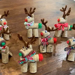 Handmade Wine Cork Christmas Reindeer Ornaments with Colorful Bows and Antlers Festive Decorations
