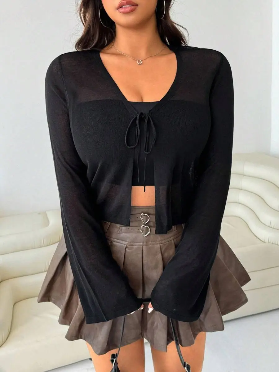 Plus Size Cropped Cardigan - Front Tie V-Neck Long Sleeve Knit with Asymmetrical Hem for Night Out