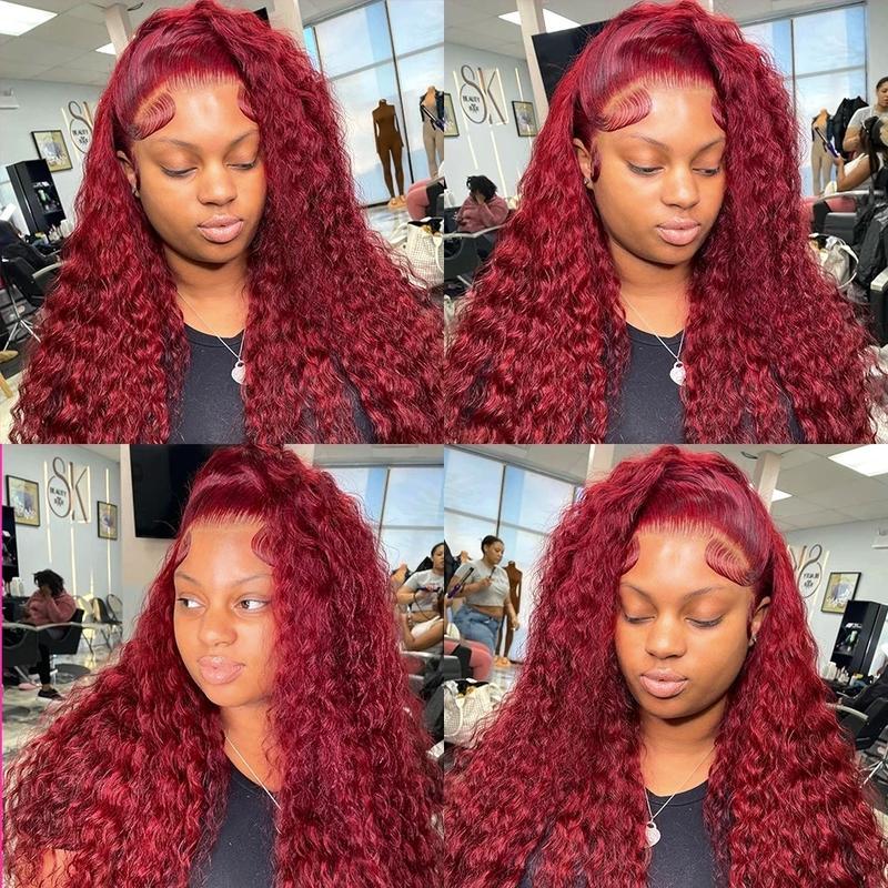 【30 Inch only $119 】99j Burgundy Deep Wave Lace Front Wigs Human Hair 99j 13x6 HD Lace Front Wigs Human Hair 200 Density Deep Wave Wig Pre Plucked Red Colored Curly Wig for Women