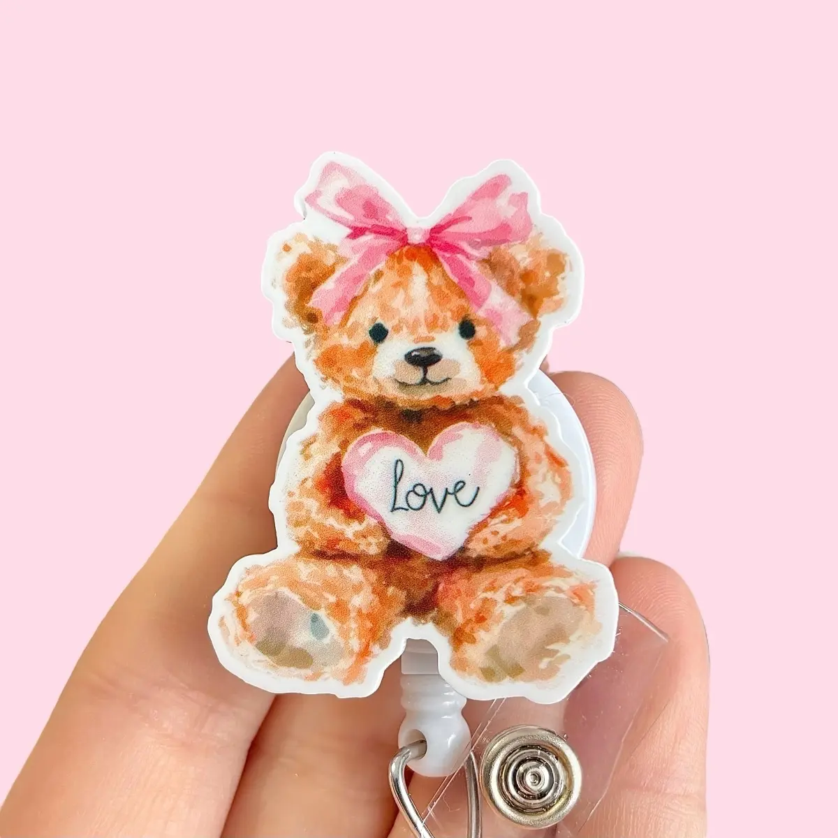 Glitter My Badge Valentine’s Day teddy bear heart badge reel for nurse and hospital workers. Badge clip Badge pull - Retractable swivel clip with a 360 rotation. Great gift for coworker.