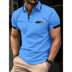 RED SPY Men's Summer Casual Short-Sleeve Polo Shirt - Button-Up, Paris Logo Print, 100% Polyester (180g/sqm), Machine Washable, Bright Pink with Black & Red Contrast Collar, Vitality Blue