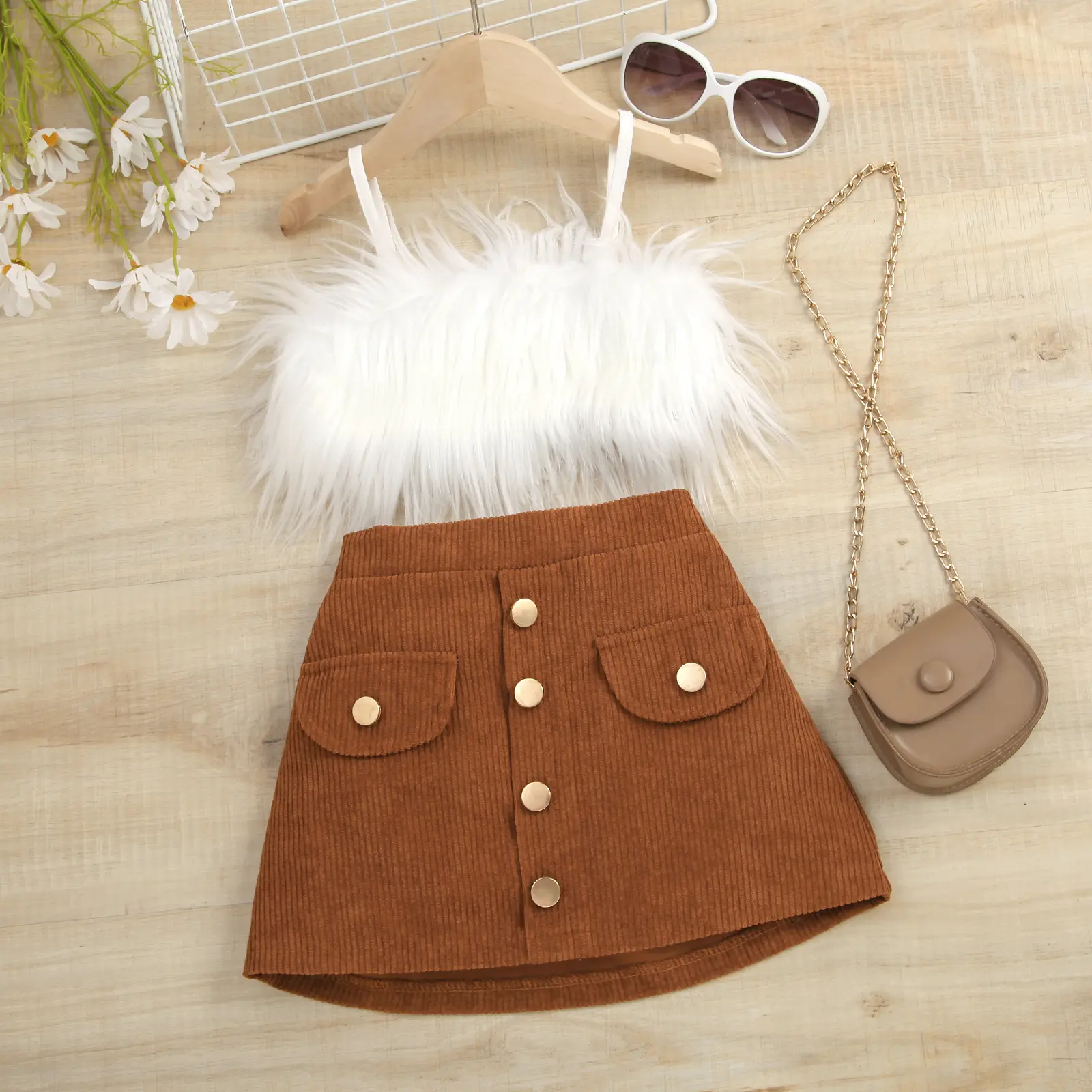 Kid Baby Girl Clothes Set, Solid Color Feather Sleeveless Camisole + High-Waist Button A-Line Skirt mini skirt
