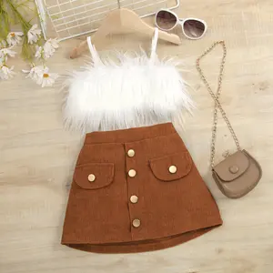 Kid Baby Girl Clothes Set, Solid Color Feather Sleeveless Camisole + High-Waist Button A-Line Skirt mini skirt