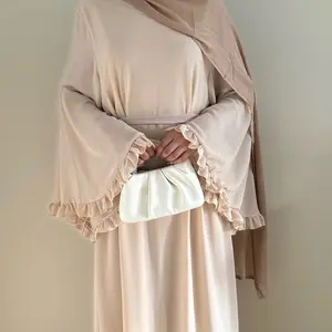 Women's Beige Chiffon Abaya with Ruffled Sleeves - Casual Style - Free Size - Womenswear