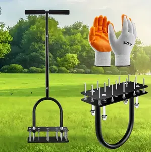 Lawn Aerator Tool with 14 Steel Spikes, Spring Loaded Manual Aerator for Yard, Garden & Lawn, Auto-Cleaning Design for Dirt & Leaves Removal