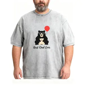 Men's Plus Size "Best Dad Ever" Bear Graphic Washed T-Shirt, Cute Father's Day Short Sleeve Tee