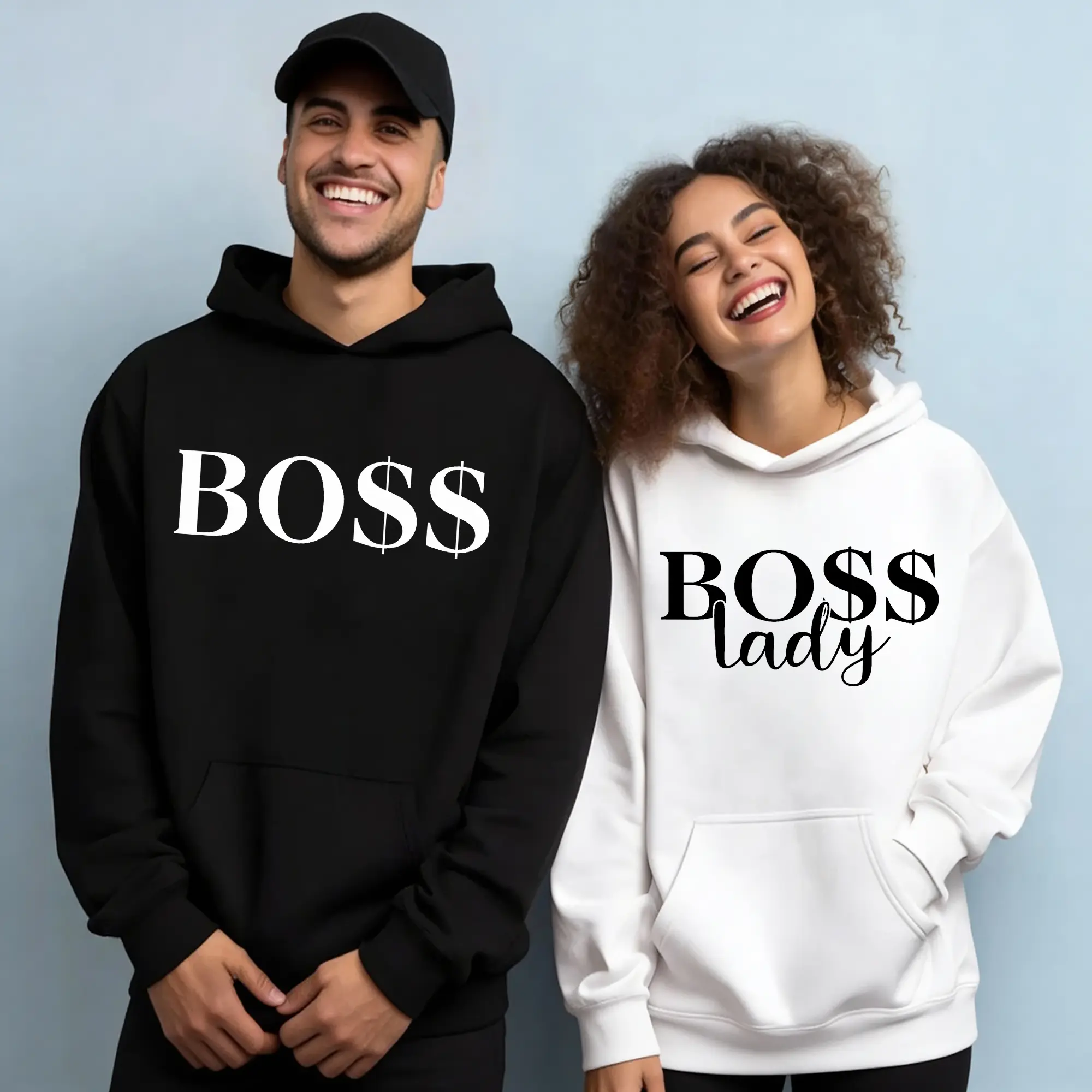 Men's "Boss & Boss Lady" Couple's Loose Ribbed Cotton-Polyester Hoodie Set, Long-Sleeve Sporty Streetwear, Warm Soft-Fit Daily Casual Tops with Stylish Identity Vibe for Autumn Winter Wear