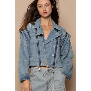 Cropped Denim Jacket with Functional Zipper Detail