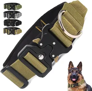Tactical Heavy Duty Military Dog Collar - Adjustable & Comfortable 1.8" Wide with Quick Release Metal Buckle, for Medium & Large Dogs (Brown, L (16-19"))