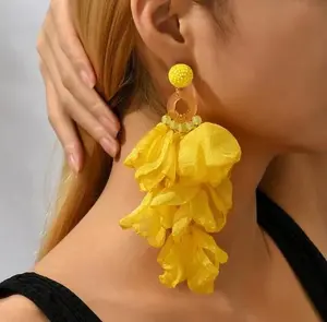 Flower Petal Glam Earrings - Yellow Beaded Lace Drop Earrings for Women - 4.9" L x 3" W - Stylish Fabric Accessory - Perfect Gift for Women