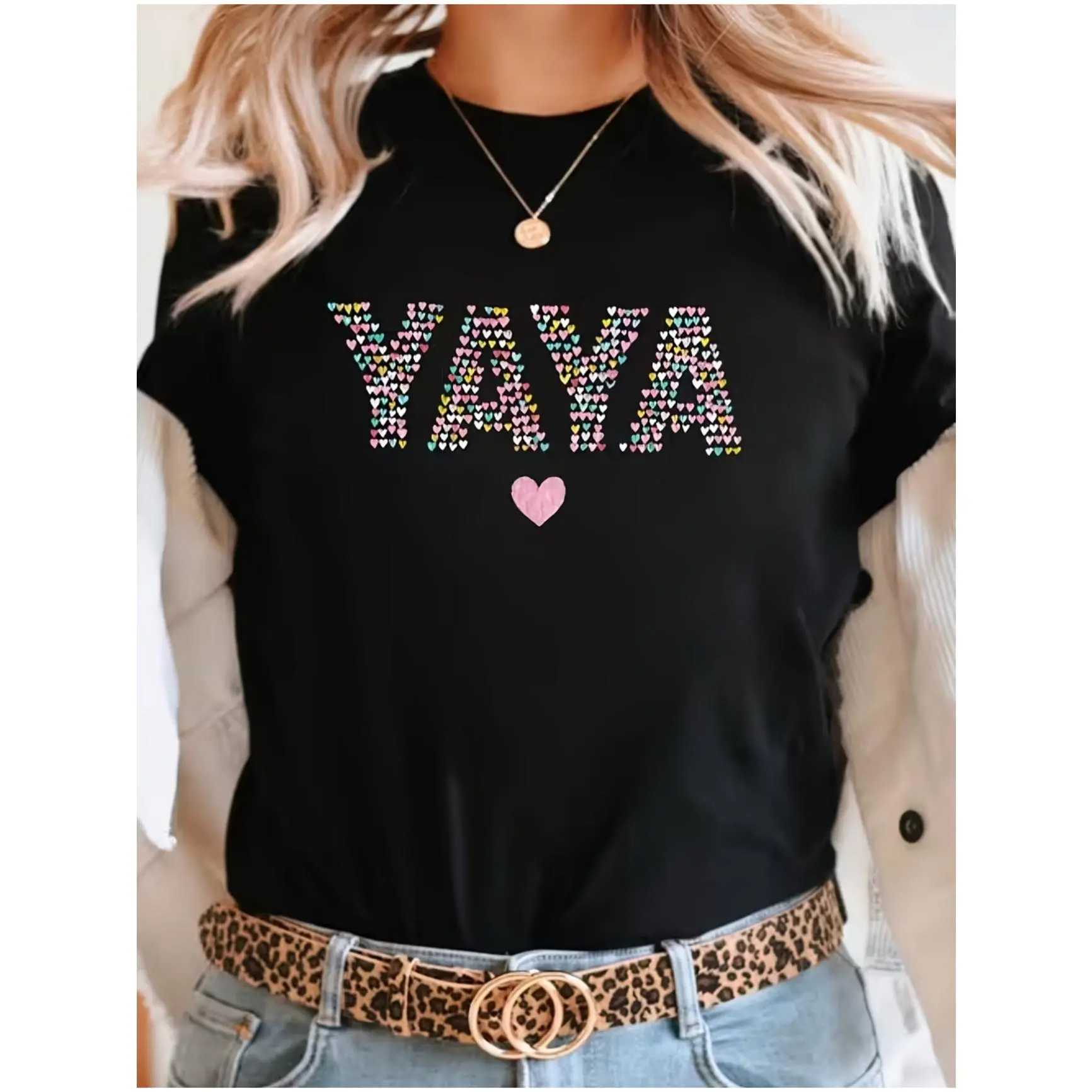 YAYA Heart Graphic Short Sleeve Round Neck Sports Top - Casual Activewear, Comfortable Cut, Regular Length, Standard Sizes, Grandma Gift Streetwear T-Shirt