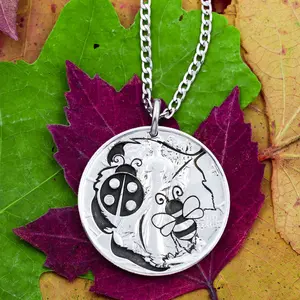 Engraved Lady Bug and Bumblebee Necklace, Maple Leaf Background, Insect Jewelry, Bug Lovers, Gardeners, Nature, Real U.S. Coin