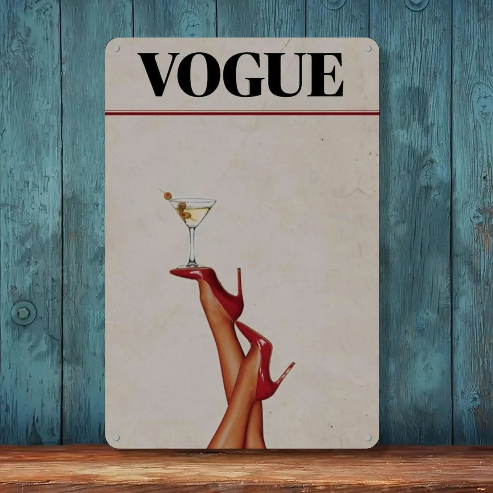 Vogue Red High Heels Martini Vintage Fashion Tin Sign 8x12in Luxury Bar Glam Wall Decor Metal Tin Sign