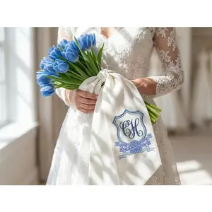 Personalized Monogram Wedding Bouquet Sash, Custom Embroidered Bridal Bouquet Wrap, Crest Initial Ribbon, Something Blue Bridal Gift