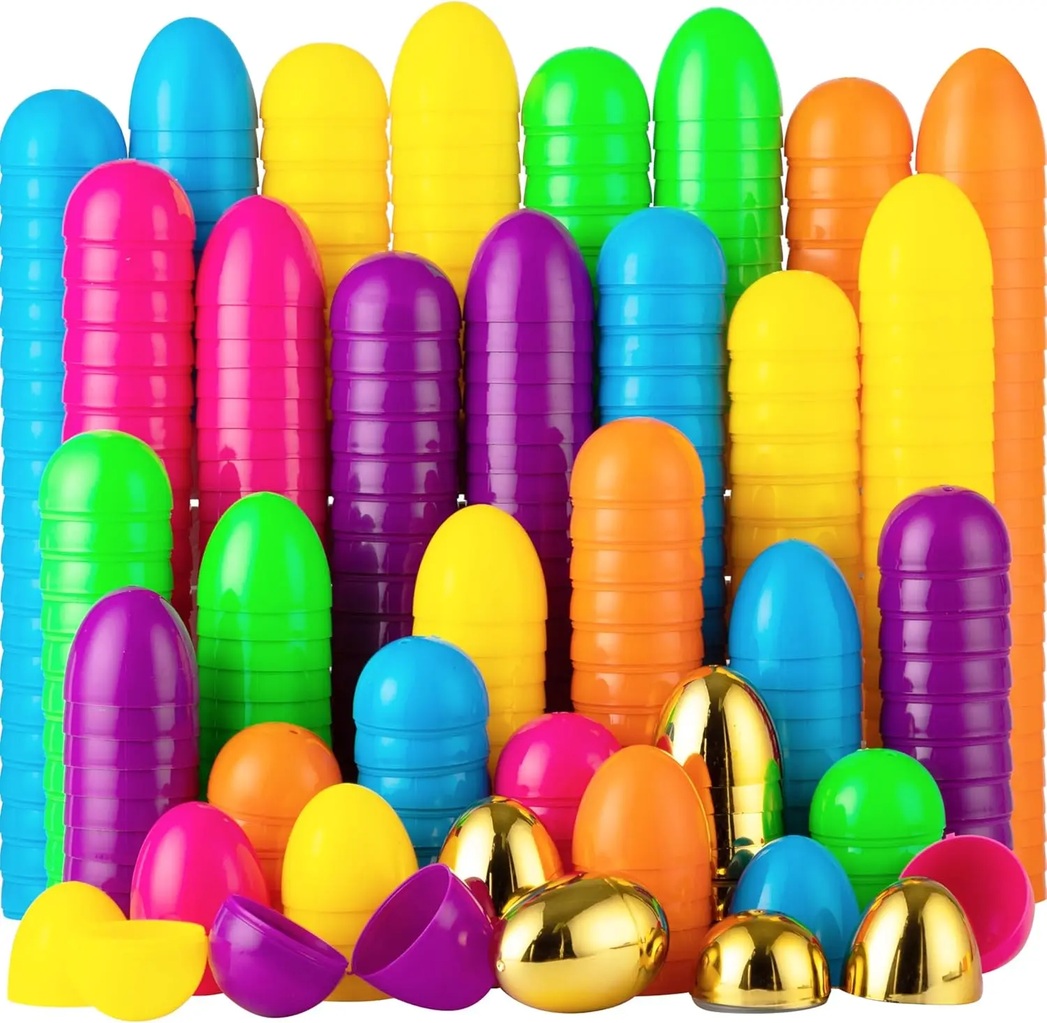 50PCS Plastic Easter Eggs, Empty 2.3" 44PCS Colorful with 6PCS Golden Eggs Bulk Fillable for Easter Hunt Party Favor Basket Stuffers Filler Classroom Prize Supplies Decor