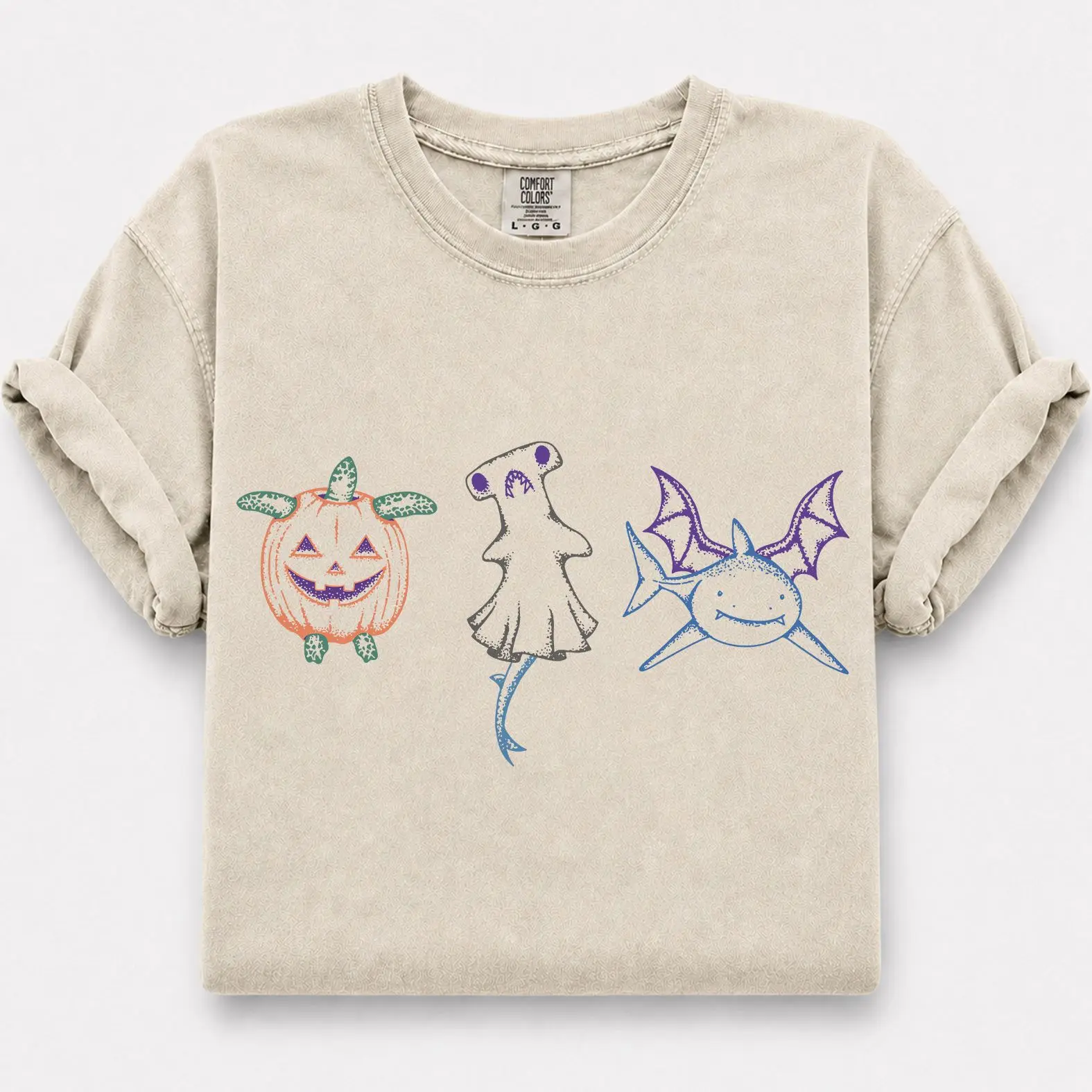 Comfort Colors Halloween Turtle Shark Shirt, Pumpkin Turtle Ghost Hammerhead Shark & Bat Wings Graphic Tee, Spooky Ocean Animal Gift