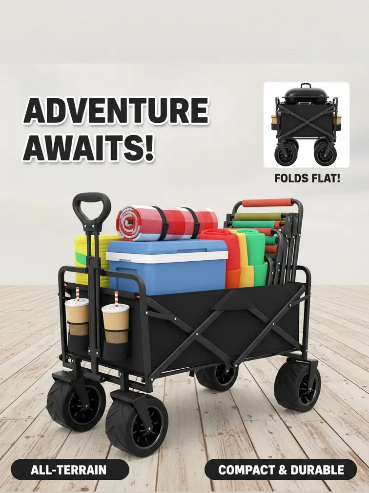 Folding Collapsible Wagon Cart, 350 LBS Heavy Duty Utility Beach Wagon with 7" All Terrain Wheels, Foldable Outdoor Camping Garden Cart with Cup Holders for Beach, Camping, Grocery, Fishing Available In Black And Beige