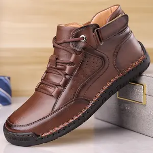 Men's Handmade Leather High-Top Work Boots - Non-Slip Rubber Outsole, Comfortable Ankle Protection Footwear for Construction, Outdoor Activities classic round toe