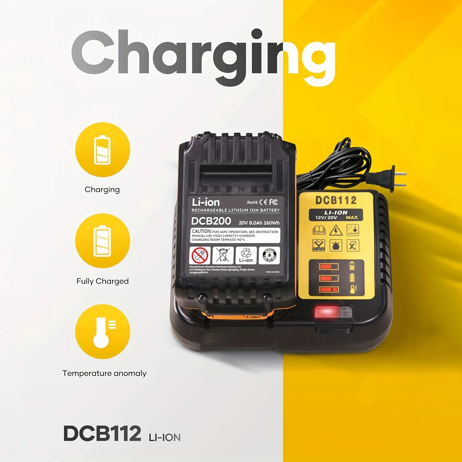 Dewalt 12V/20V Max Rapid Charging Charger, Supports 12V-20V & 18V Dewalt Power Tool Batteries (DCB120,126,200,201,208,606,609,612) - Battery Not Included