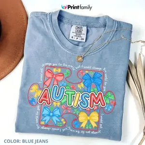 Autism Awareness Bow T-Shirt, Colorful Puzzle Piece Graphic Tee, Support Autism Shirt, Kindness Message Tee, Comfort Colors Blossom Shirt - Printfamily
