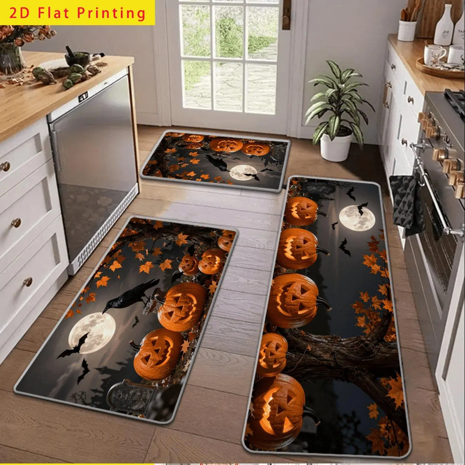 1Pcs Halloween Mat, Non-Slip Bat & Pumpkin Carpet, Machine Washable Soft Flannel Mat for Bedroom, Living Room, Bathroom, Room Decor, Easy To Clean
