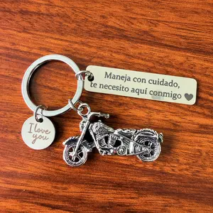 Motorcycle Keychain, Drive Safe Keychain for Men, "Maneja con Cuidado Te Necesito Aquí Conmigo" Spanish Keychain with I Love You Charm, Biker Gift for Boyfriend Husband Dad, Father's Day Stainless Steel Key Chain Accessories