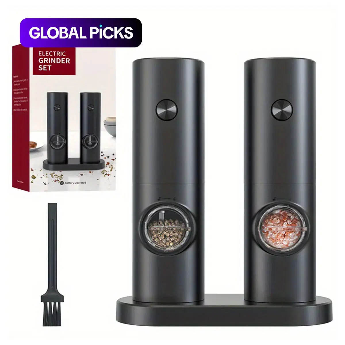 Electric Salt and Pepper Seasoning Grinder Set, 1- or 2-Count Battery-Powered Adjustable Grinder with LED Light, Base & Brush, Kitchen Gadget Gift, Kitchenware, Cooking, Batteries Not Included #GLOBAL PICKS