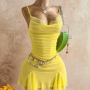 Yellow Lace Trimmed Ruched Dress with Starfish Necklace and Green Bag Accessory