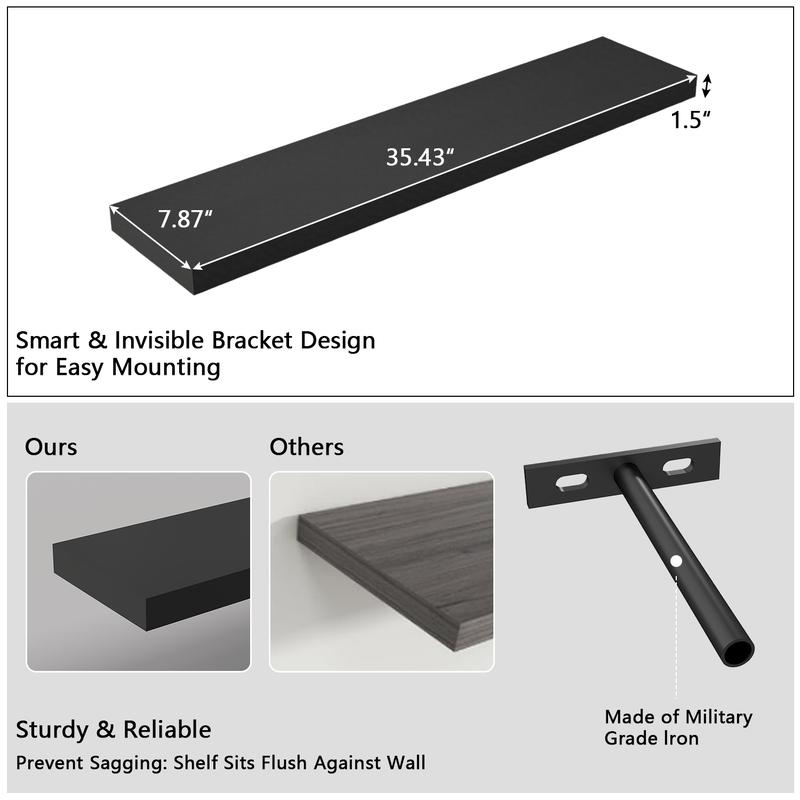 Spaco 35.4" Maple Black Floating Wall Shelves - Modern Wood Storage for Bathroom, Bedroom, Kitchen & Living Room (Invisible Brackets, Decorative & Functional for Books & Organization)