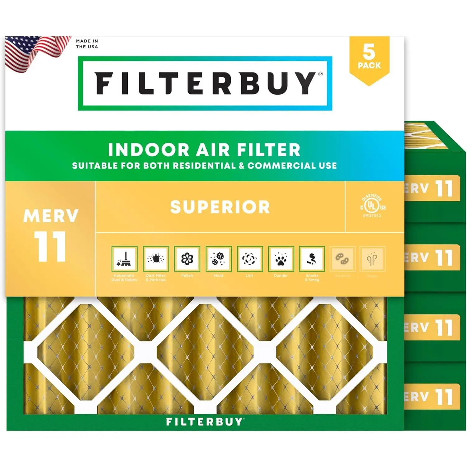 Filterbuy 12x12x4 Air Filter (5-Pack), Pleated MERV 11 Allergen Defense HVAC AC Furnace Air Filters (Actual Size: 11.50 x 11.50 x 3.75 Inches)