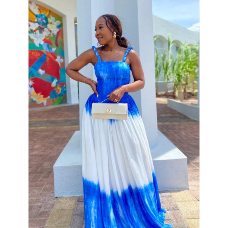 Women's Y2K Blue & White Tie-Dye Halter Neck Maxi Dress - A-Line Floor-Length Beach Dress with Back Tie Closure, Semi-Sheer Sleeveless Design for Vacation, Travel, Daily Outfits - All-Season Casual to Formal Events (Machine Washable) - Turq