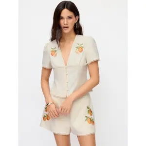 Cider Linen-blend Orange Graphic V-neck Leg-of-mutton Sleeve Embroidered Blouse Dealsforyou