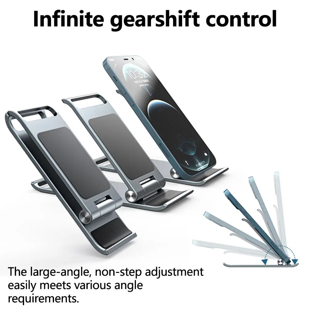 Metal Phone Holder Alloy Desktop Phone Holder Viewing Angles Adjustable Phone Stand Foldable Mobile Phone Holders Portable Tabletop Holder for Phones and Tablets Under 13 Inches Folding Landscape