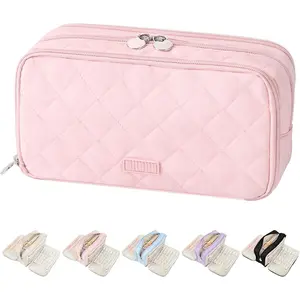 Cute Pencil Case for School, Soft Quilted Pencil Pouch Organizer with 3 Compartments, Large Double Zipper Pencil Bag for Teen Girls, Boys & Women ()
