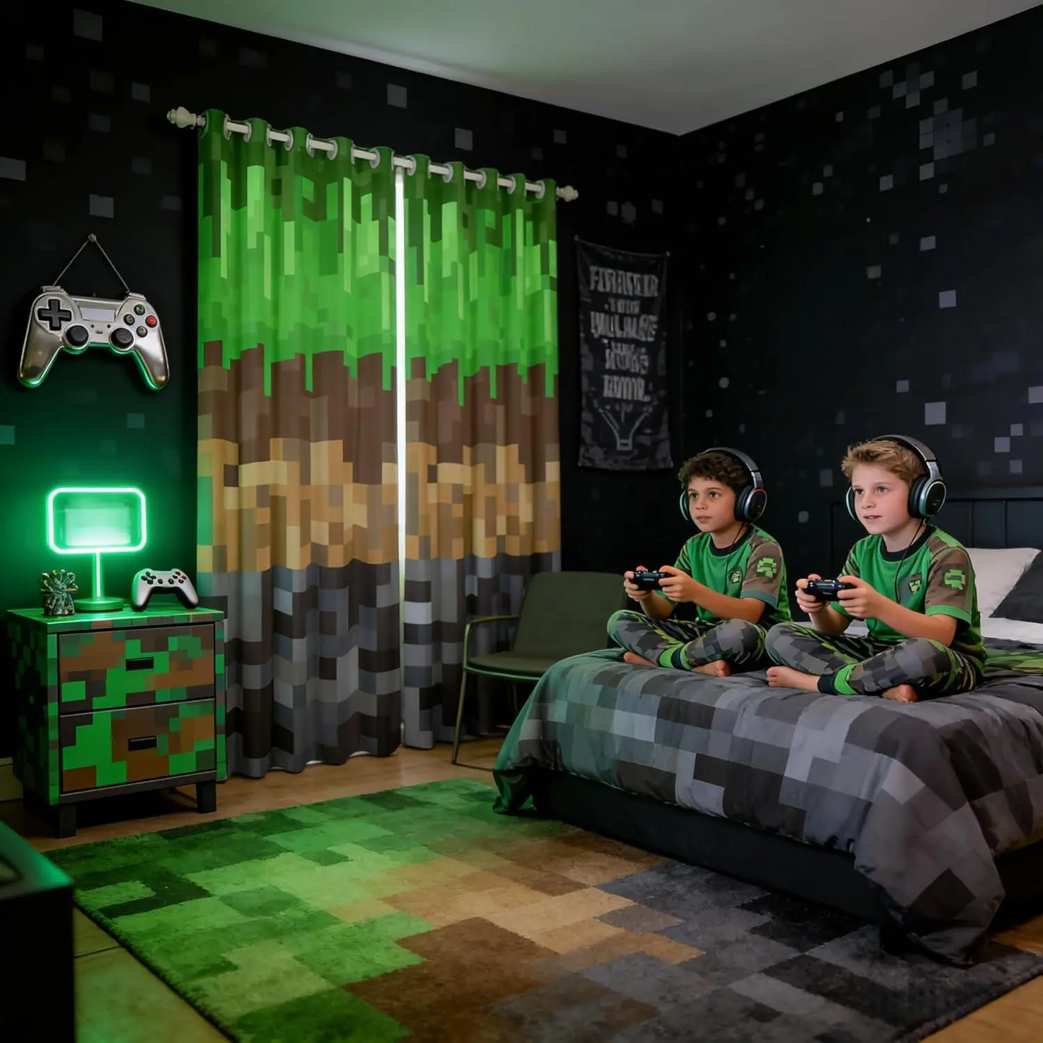 Miners Pixel Checked Boys Girls Room Decor,Video Games Check Lattice Window Curtains,Game Cartoon Gamepad Blackout Curtains,Gray Green Brown 2 Panels