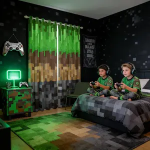 Miners Pixel Checked Boys Girls Room Decor,Video Games Check Lattice Window Curtains,Game Cartoon Gamepad Blackout Curtains,Gray Green Brown 2 Panels,summervibes