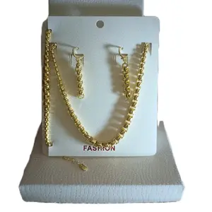 Fashion 14kt Gold Plated Chain Necklace 16 inchwit 1 inch extender, 7.5 inch bracelet & Earrings Set for Women's Elegant Jewelry Collection