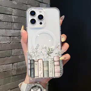 Magnetic Coquette Case for iPhone 17 16 E Pro Max 15 Plus 14 13 12 11 XS XR, Pastel Floral Bookshelf Design | Shockproof, Girly, Stylish, Silicone, and Trendy Protection