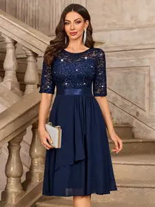 54498A Women's Lace Party Dress, Round Neck Asymmetrical Hem Design, Half Sleeve Elegant Style, Perfect for Parties & Special Occasions