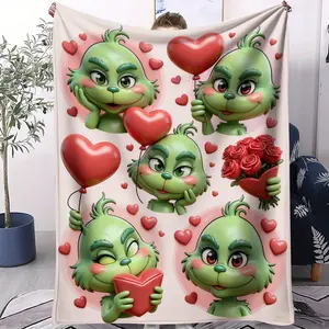 Valentine's Day themed Grinch patterned printed blanket, soft digital printing for sofas and office napping, multifunctional blanket, perfect gift for holidays