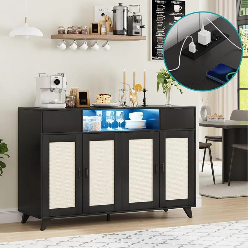 【Christmas Gift】47in Black Rustic Kitchen Buffet Sideboard - Rectangular Indoor Furniture Cupboard with 4 Rattan Doors, 2 Drawers, Power Outlet, LED Lighting, Adjustable Shelves, USB Ports for 40 to 49 in Various Room Types