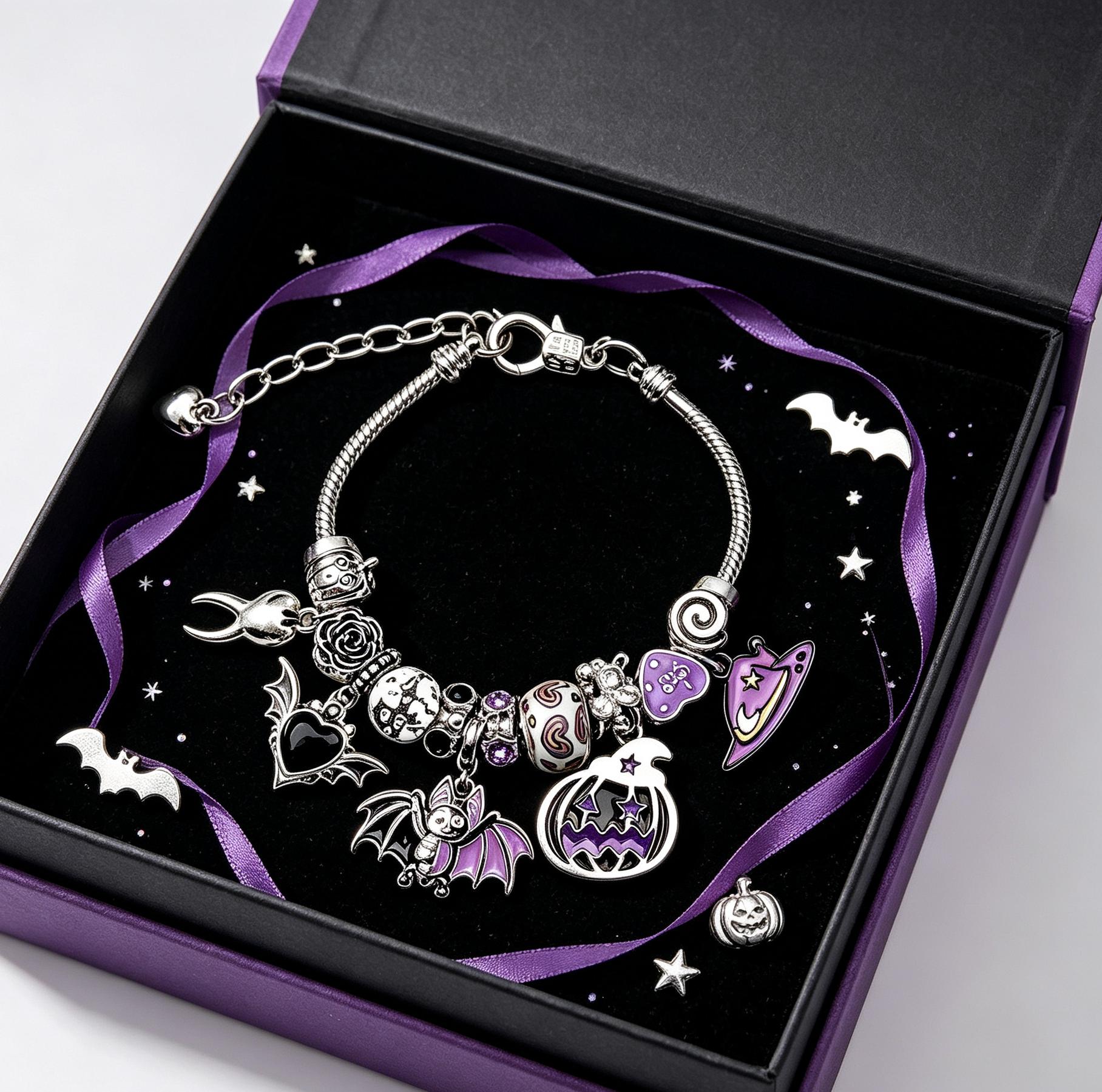Gothic Halloween Bat & Pumpkin Charm Bracelet, Silver-Tone Snake Chain with Purple Enamel & Black Heart Beads, Edgy Jewelry for Women Gothic Halloween Bat & Pumpkin Charm Bracelet, Silver-Tone Snake Chain with Purple Enamel & Black Heart Beads, Edgy Jewelry for Women