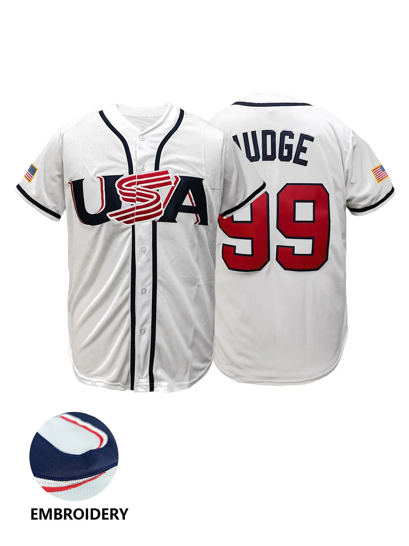 Unisex #99 Navy/White USA Retro Baseball Jersey, Embroidered Stitched Short Sleeve Athletic Top, Breathable Button-Front Sports Shirt with Flag Detail for Fans Gift Themed Party Outdoor Activity Daily Casual Use