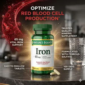 Iron 65mg, 325 mg Ferrous Sulfate, Cellular Energy Support, Promotes Normal Red Blood Cell Production, 1 Serving Per Day, Gluten Free, 100 Vegetarian Tablets