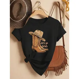 Women's Casual Crew Neck T-Shirt with Cowboy Boots and Hat Monogram Print, Polyester 60% Rayon 35% Spandex 5%, Anime Pattern, Regular Length, Spring/Summer/Fall Top, Western T Shirts