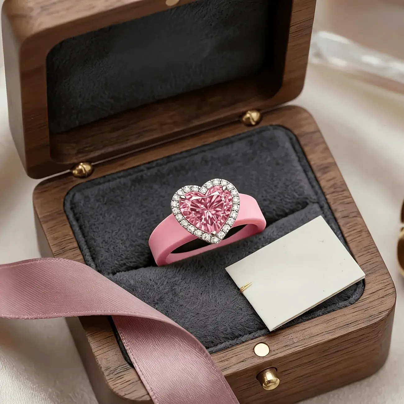 Elegant Pink Silicone Ring Sparkling Pink Heart CZ,Lightweight Anti-scratch Stackable Valentine Gift Ring For Girls