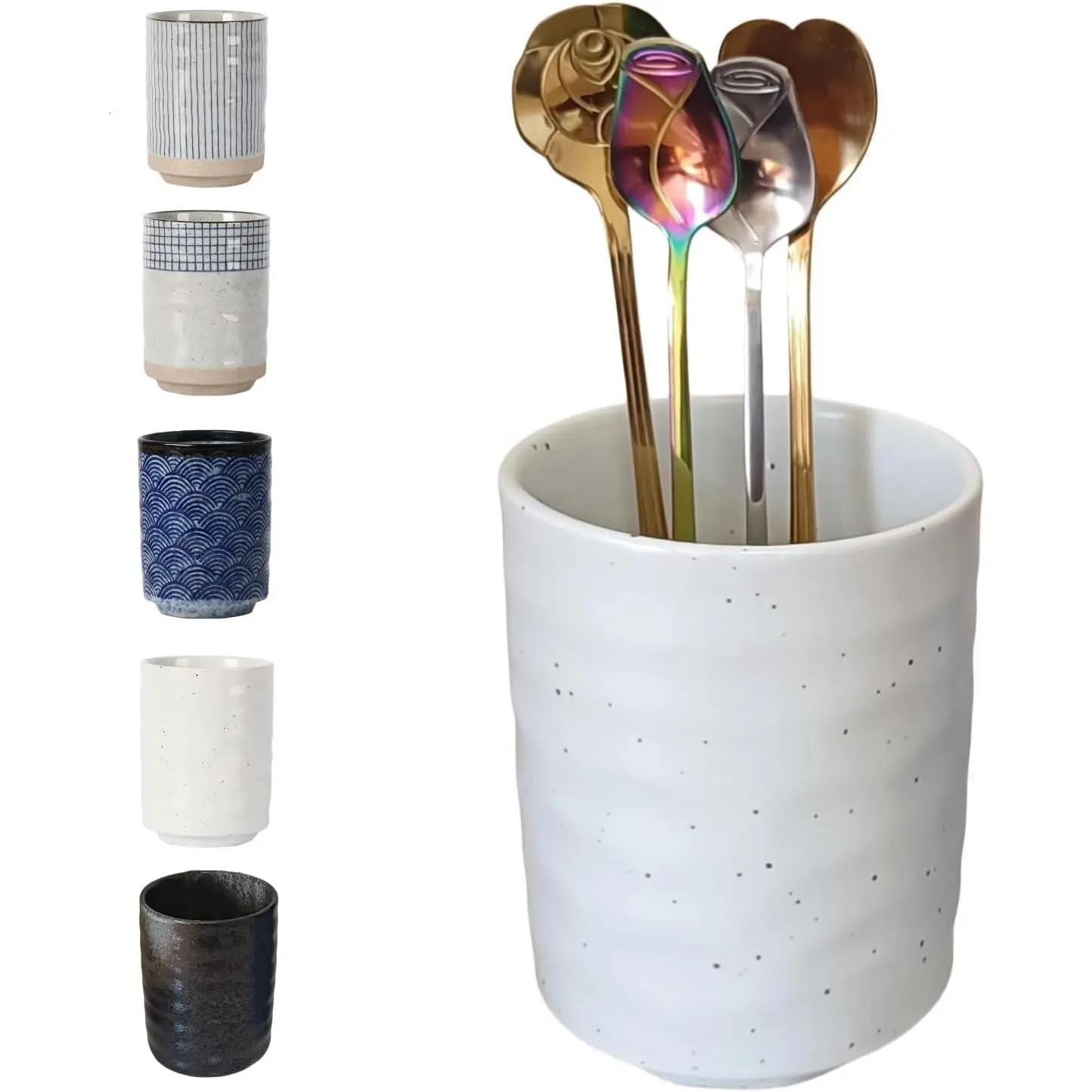 Stoneware Coffee Spoon Holder for Coffee Bar Accessories, Tea Spoon Holder Jar Teaspoon Holder Coffee Stirrers Holder Coffee Spoon Cup, Coffee Stir Stick Holder Small Utensil Holder (White) Cutlery Steel