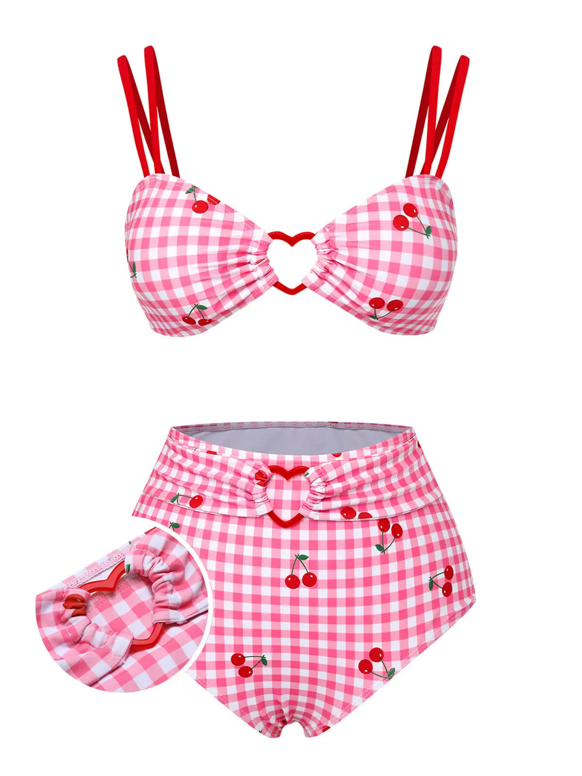 Pink 1950s Plaid & Cherry Strap Swimsuit vacation swimwear for women cute summer outfits