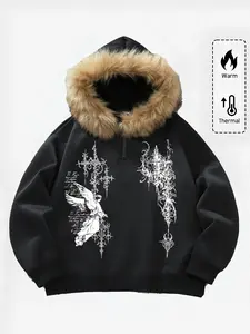 Unisex Dark Style Hoodie, Fleece Lined Half-Zip Jacket, Angel Print & Fur Collar, Casual Fall Winter, Pockets Design