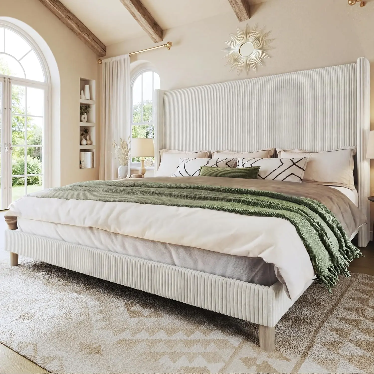 King Size Bed Frame with 51.2" Tall Headboard, Corduroy Upholstered Bed Frame with Wingback, Platform Bed with Wooden Slats Support, Easy Assembly, No Box Spring Needed, Beige